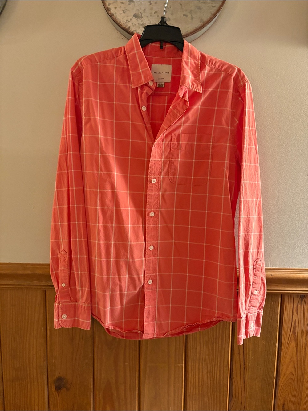 Men’s AE Coral Windowpane Button-Down Shirt, size S, Classic Fit